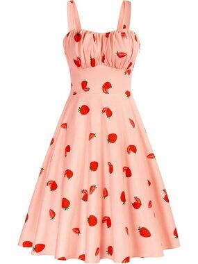 Women's Pink-strawberry Vintage A-Line Midi Cocktail Party Wedding Guest Dress